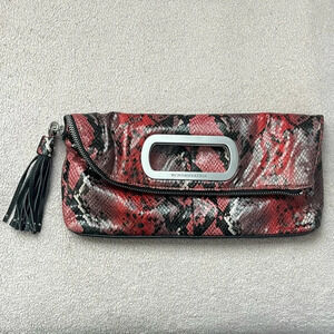 BCBGMaxAzria Clutch-Purse-Red-Black-Snake-Zipper-Tassel-Handbag-Foldable-Clean